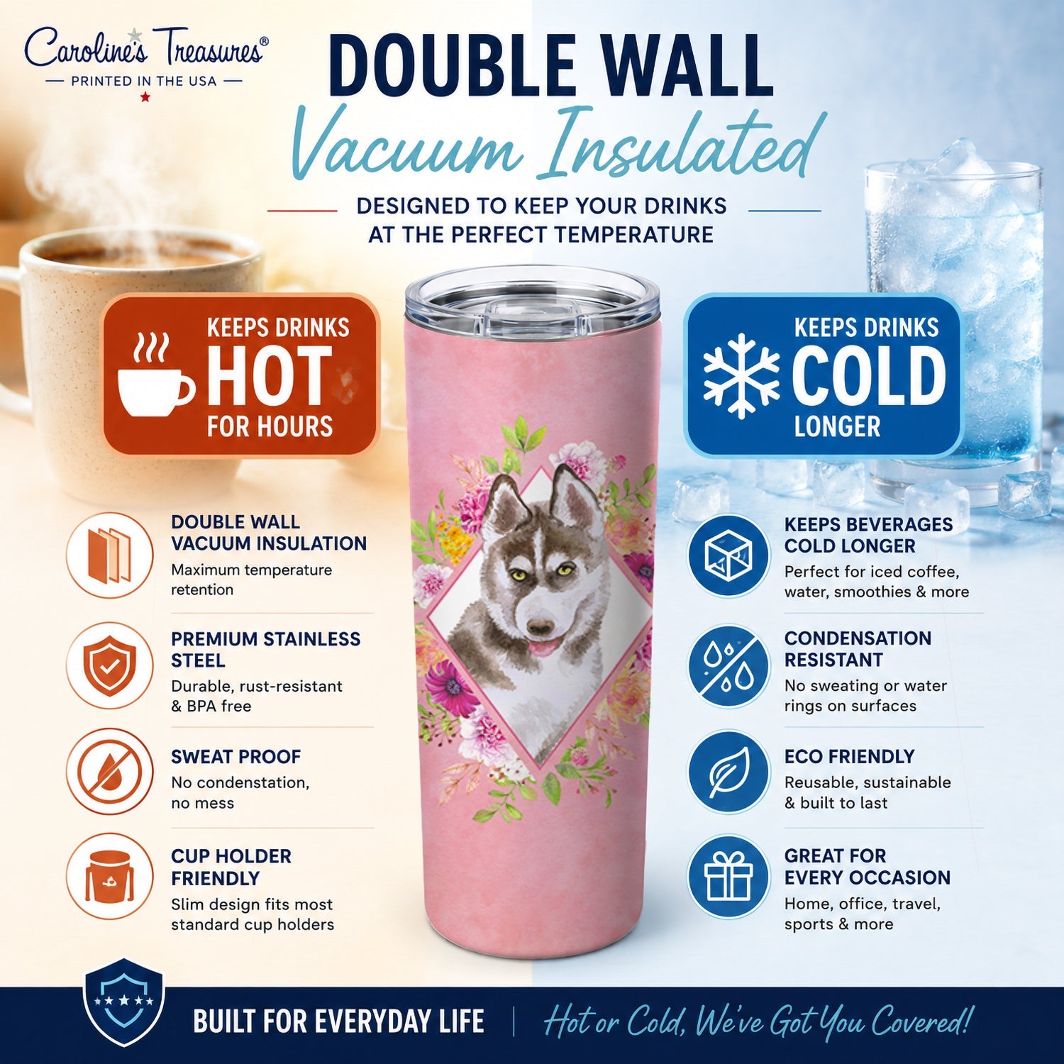 Siberian Husky #2 Pink Flowers Stainless Steel Skinny Tumbler 20 oz Vacuum Double Walled Reusable Insulated Travel Cup