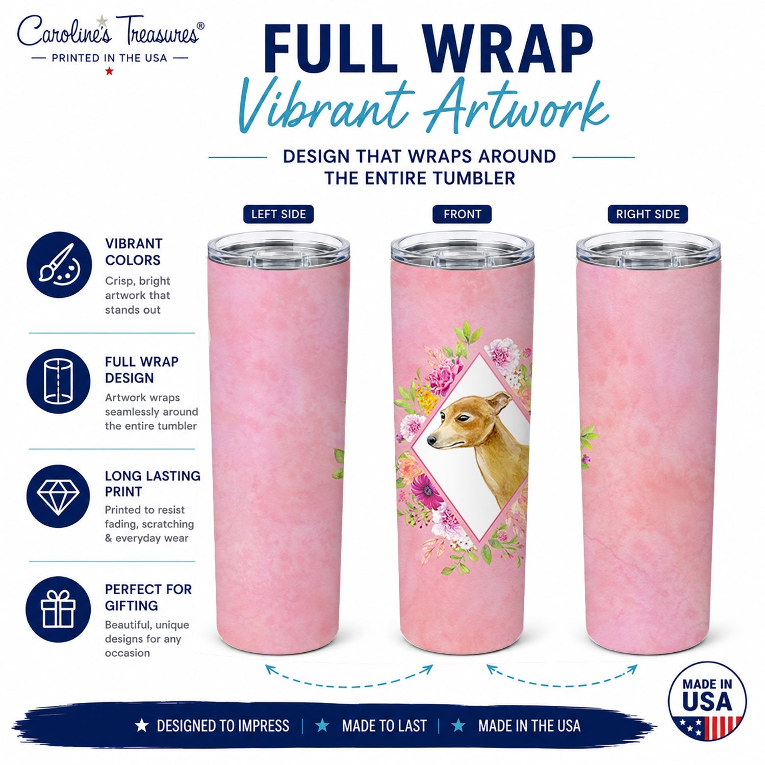Italian Greyhound Pink Flowers Stainless Steel Skinny Tumbler 20 oz Vacuum Double Walled Reusable Insulated Travel Cup