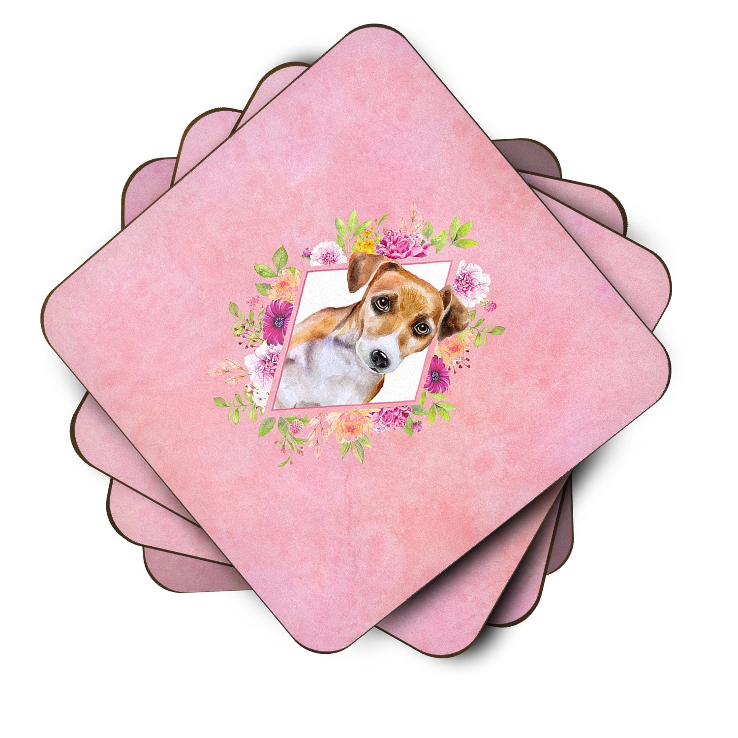 Jack Russell Terrier #1 Pink Flowers Foam Coasters Set of 4 Cup Coasters for Indoor Outdoor, Tabletop Protection, Anti Slip, Mouse pad Material