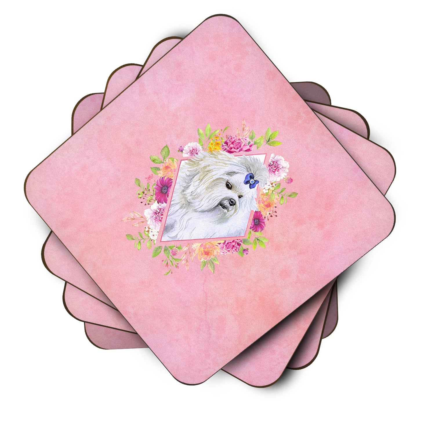 Maltese Pink Flowers Foam Coasters Set of 4 Cup Coasters for Indoor Outdoor, Tabletop Protection, Anti Slip, Mouse pad Material
