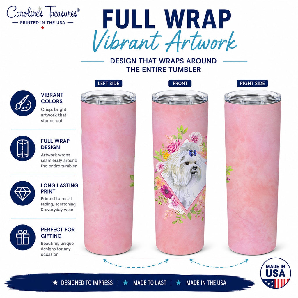 Maltese Pink Flowers Stainless Steel Skinny Tumbler 20 oz Vacuum Double Walled Reusable Insulated Travel Cup
