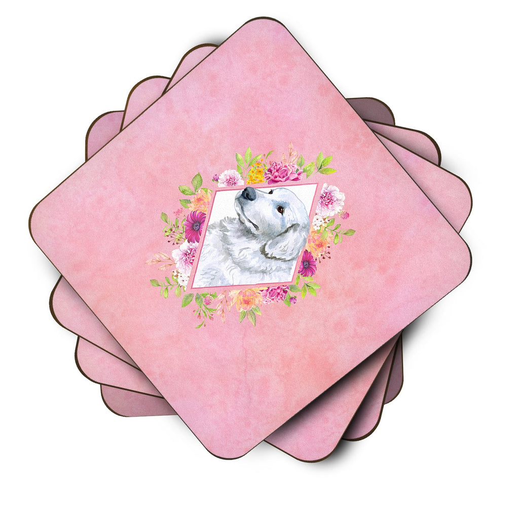 Great Pyrenees Pink Flowers Foam Coasters Set of 4 Cup Coasters for Indoor Outdoor, Tabletop Protection, Anti Slip, Mouse pad Material