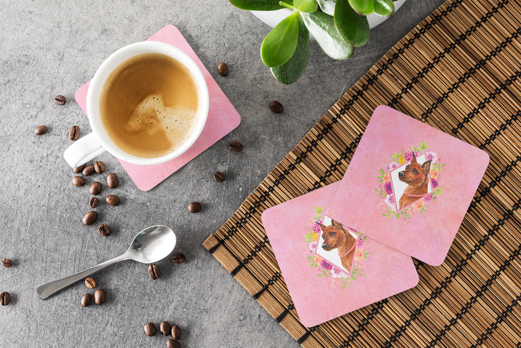 Miniature Pinscher Pink Flowers Foam Coasters Set of 4 Cup Coasters for Indoor Outdoor, Tabletop Protection, Anti Slip, Mouse pad Material