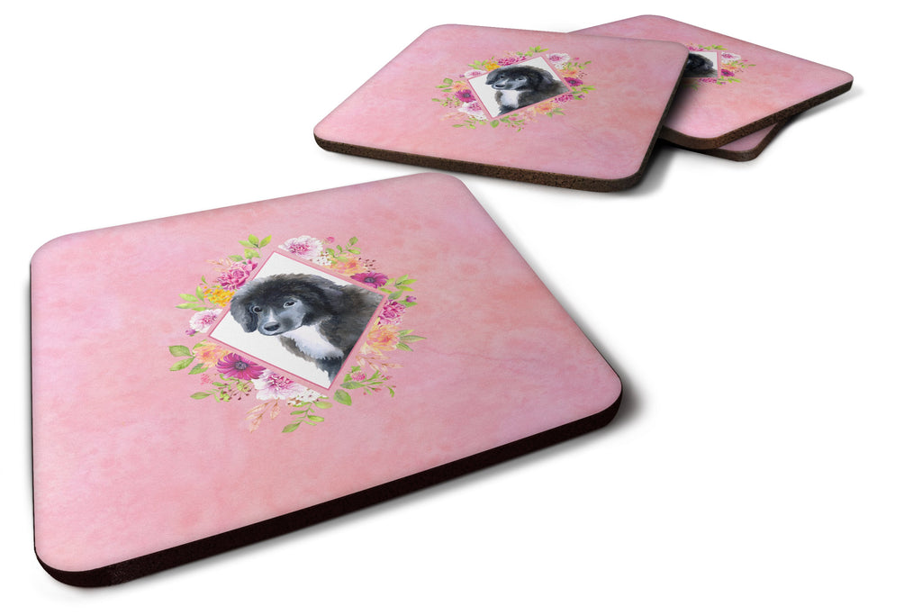 Newfoundland Puppy Pink Flowers Foam Coasters Set of 4 Cup Coasters for Indoor Outdoor, Tabletop Protection, Anti Slip, Mouse pad Material