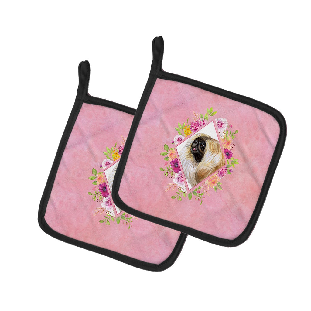 Pekingese Pink Flowers Pot Holder Set of 2 Heat Resistant Quilted Hot Pads 7.5 x 7.5 Inch, Insulated Kitchen Trivets for Cooking & Baking