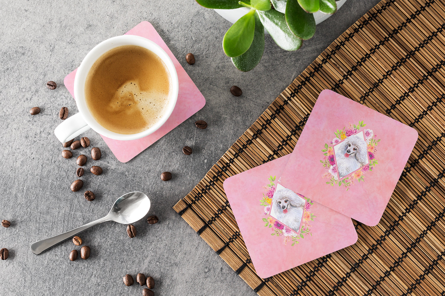 White Mini Poodle Pink Flowers Foam Coasters Set of 4 Cup Coasters for Indoor Outdoor, Tabletop Protection, Anti Slip, Mouse pad Material