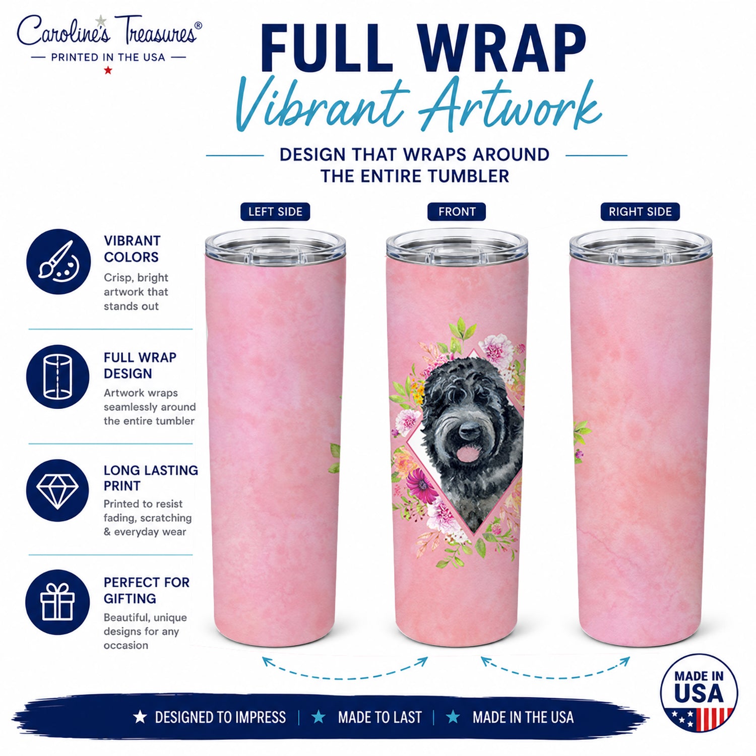 Russian Black Terrier Pink Flowers Stainless Steel Skinny Tumbler 20 oz Vacuum Double Walled Reusable Insulated Travel Cup