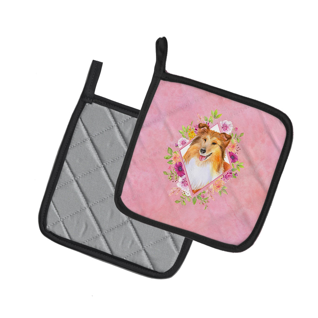 Sheltie Shetland Sheepdog Pink Flowers Pot Holder Set of 2 Heat Resistant Quilted Hot Pads 7.5 x 7.5 Inch, Insulated Kitchen Trivets for Cooking & Baking