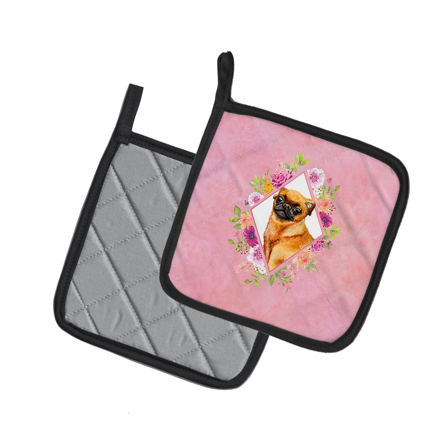 Brabant Griffon Pink Flowers Pot Holder Set of 2 Heat Resistant Quilted Hot Pads 7.5 x 7.5 Inch, Insulated Kitchen Trivets for Cooking & Baking