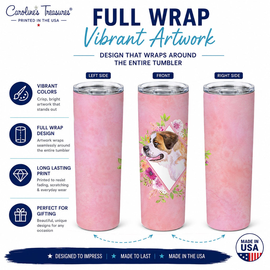 Saint Bernard #1 Pink Flowers Stainless Steel Skinny Tumbler 20 oz Vacuum Double Walled Reusable Insulated Travel Cup