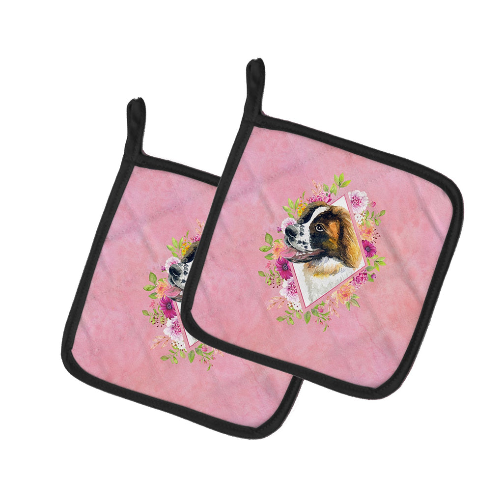 Saint Bernard #2 Pink Flowers Pot Holder Set of 2 Heat Resistant Quilted Hot Pads 7.5 x 7.5 Inch, Insulated Kitchen Trivets for Cooking & Baking