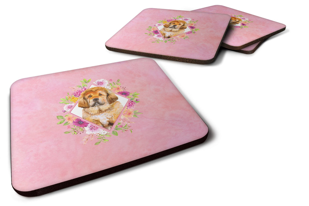 Tibetian Mastiff Puppy Pink Flowers Foam Coasters Set of 4 Cup Coasters for Indoor Outdoor, Tabletop Protection, Anti Slip, Mouse pad Material