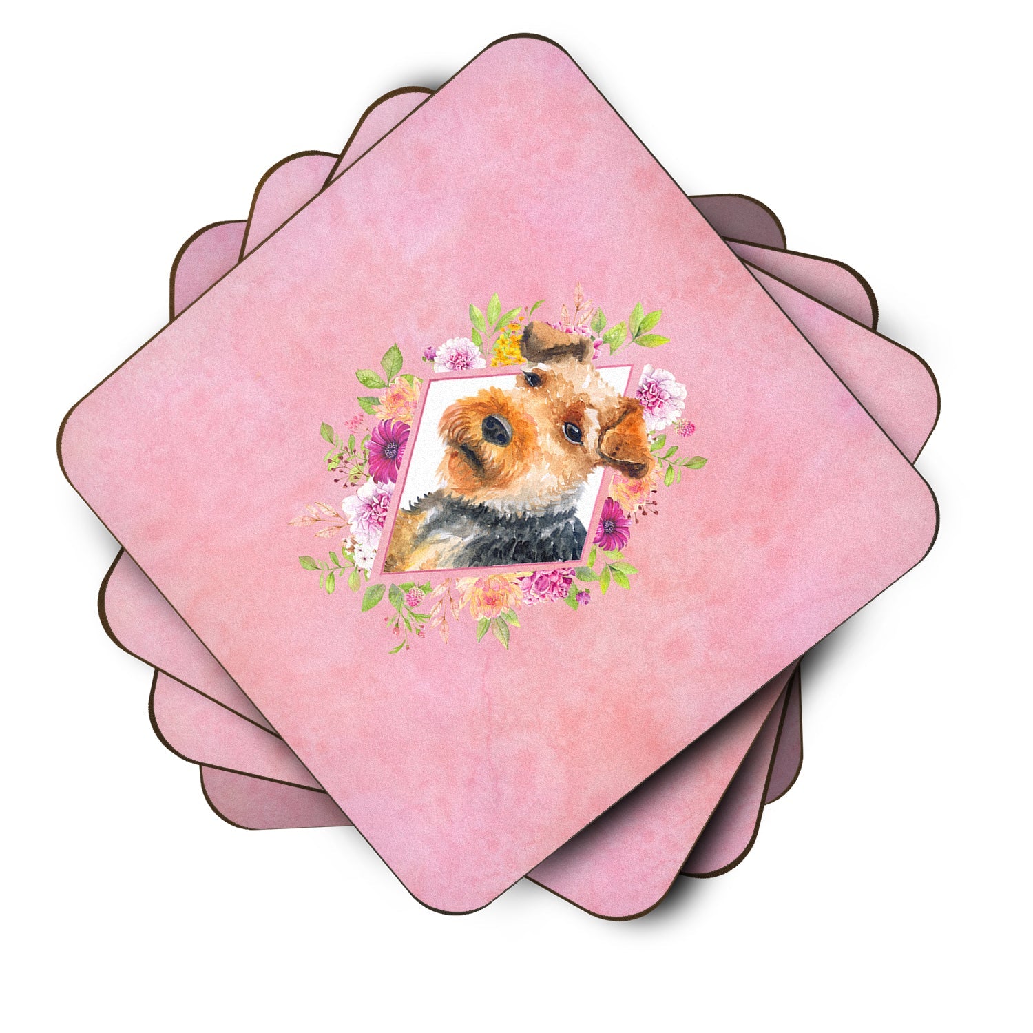 Welsh Terrier Pink Flowers Foam Coasters Set of 4 Cup Coasters for Indoor Outdoor, Tabletop Protection, Anti Slip, Mouse pad Material