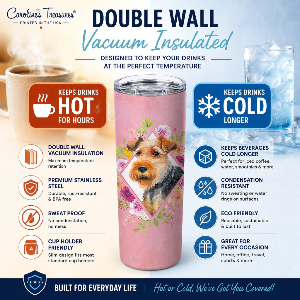Welsh Terrier Pink Flowers Stainless Steel Skinny Tumbler 20 oz Vacuum Double Walled Reusable Insulated Travel Cup