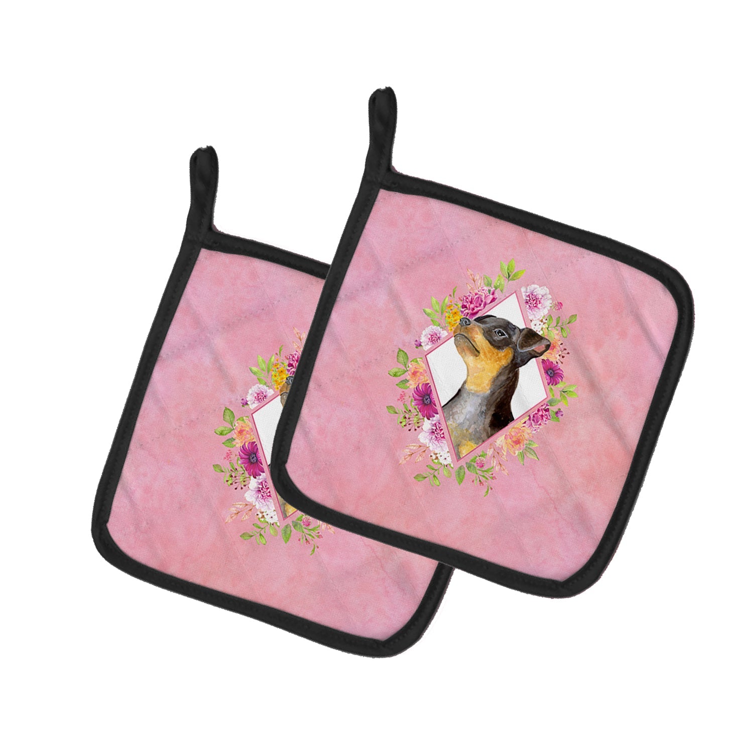Black Miniature Pinscher Pink Flowers Pot Holder Set of 2 Heat Resistant Quilted Hot Pads 7.5 x 7.5 Inch, Insulated Kitchen Trivets for Cooking & Baking