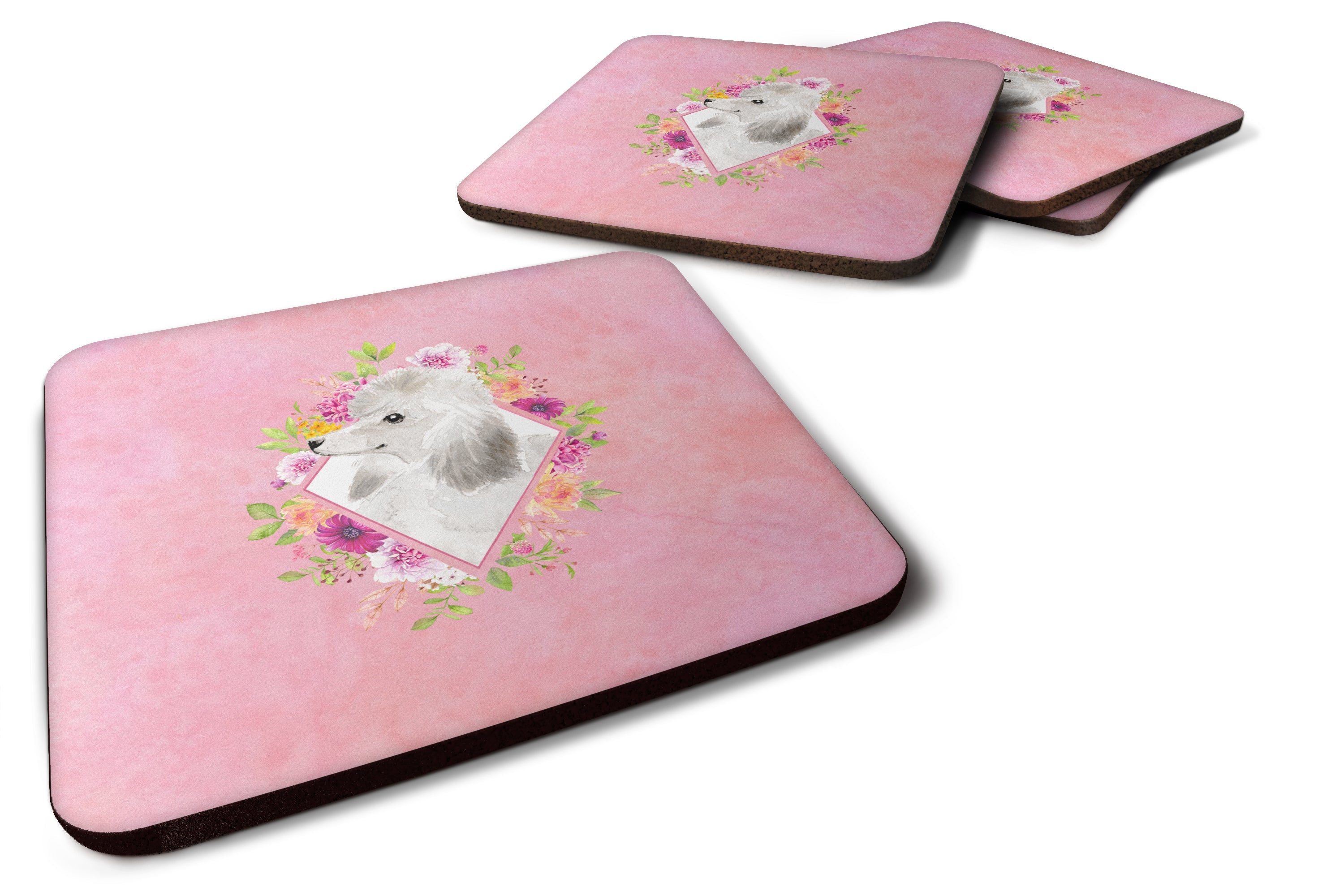 White Standard Poodle Pink Flowers Foam Coasters Set of 4 Cup Coasters for Indoor Outdoor, Tabletop Protection, Anti Slip, Mouse pad Material