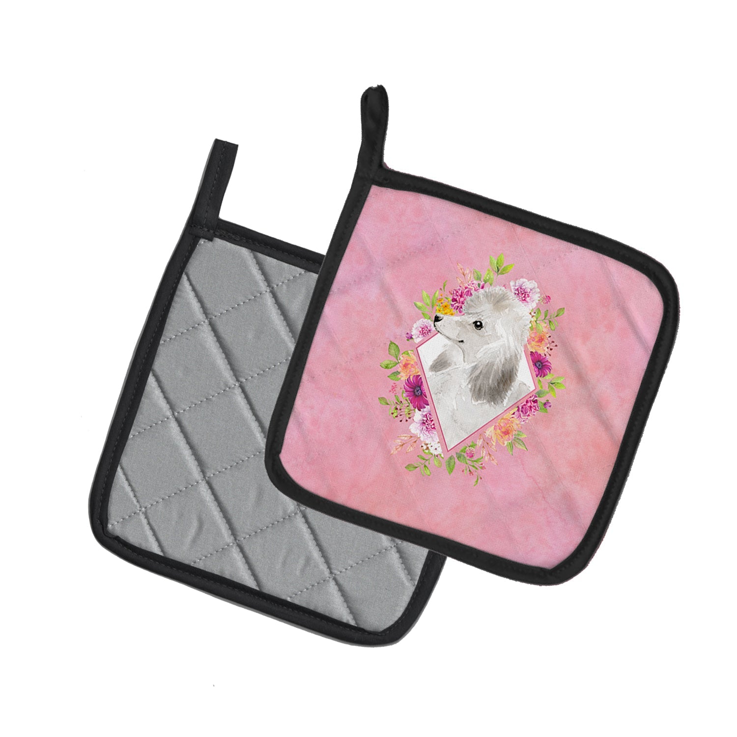 White Standard Poodle Pink Flowers Pot Holder Set of 2 Heat Resistant Quilted Hot Pads 7.5 x 7.5 Inch, Insulated Kitchen Trivets for Cooking & Baking