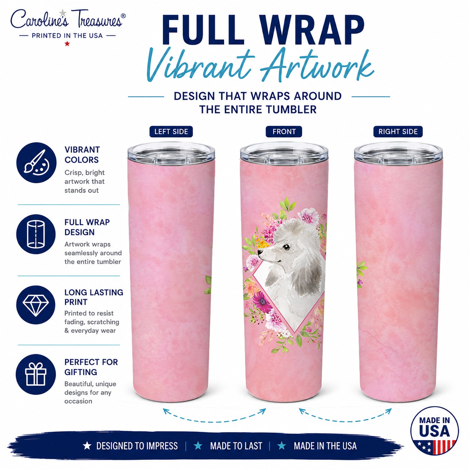 White Standard Poodle Pink Flowers Stainless Steel Skinny Tumbler 20 oz Vacuum Double Walled Reusable Insulated Travel Cup