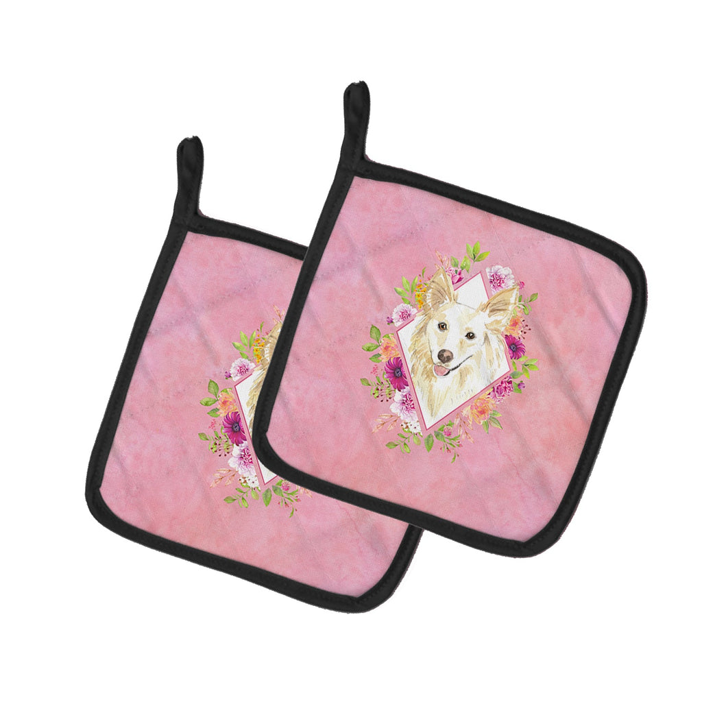 White Collie Pink Flowers Pot Holder Set of 2 Heat Resistant Quilted Hot Pads 7.5 x 7.5 Inch, Insulated Kitchen Trivets for Cooking & Baking