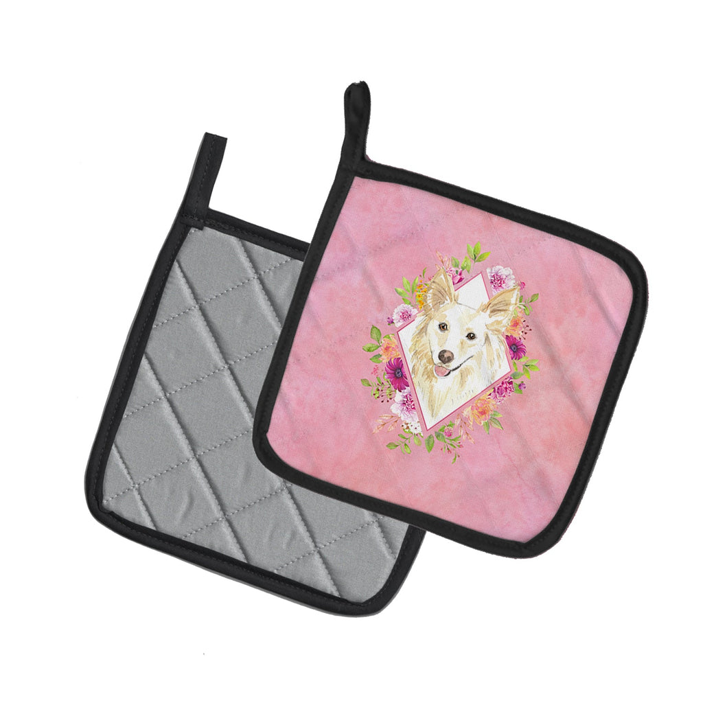 White Collie Pink Flowers Pot Holder Set of 2 Heat Resistant Quilted Hot Pads 7.5 x 7.5 Inch, Insulated Kitchen Trivets for Cooking & Baking