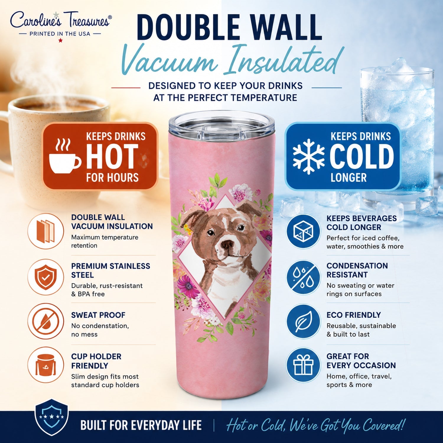 Staffie Bull Terrier Pink Flowers Stainless Steel Skinny Tumbler 20 oz Vacuum Double Walled Reusable Insulated Travel Cup