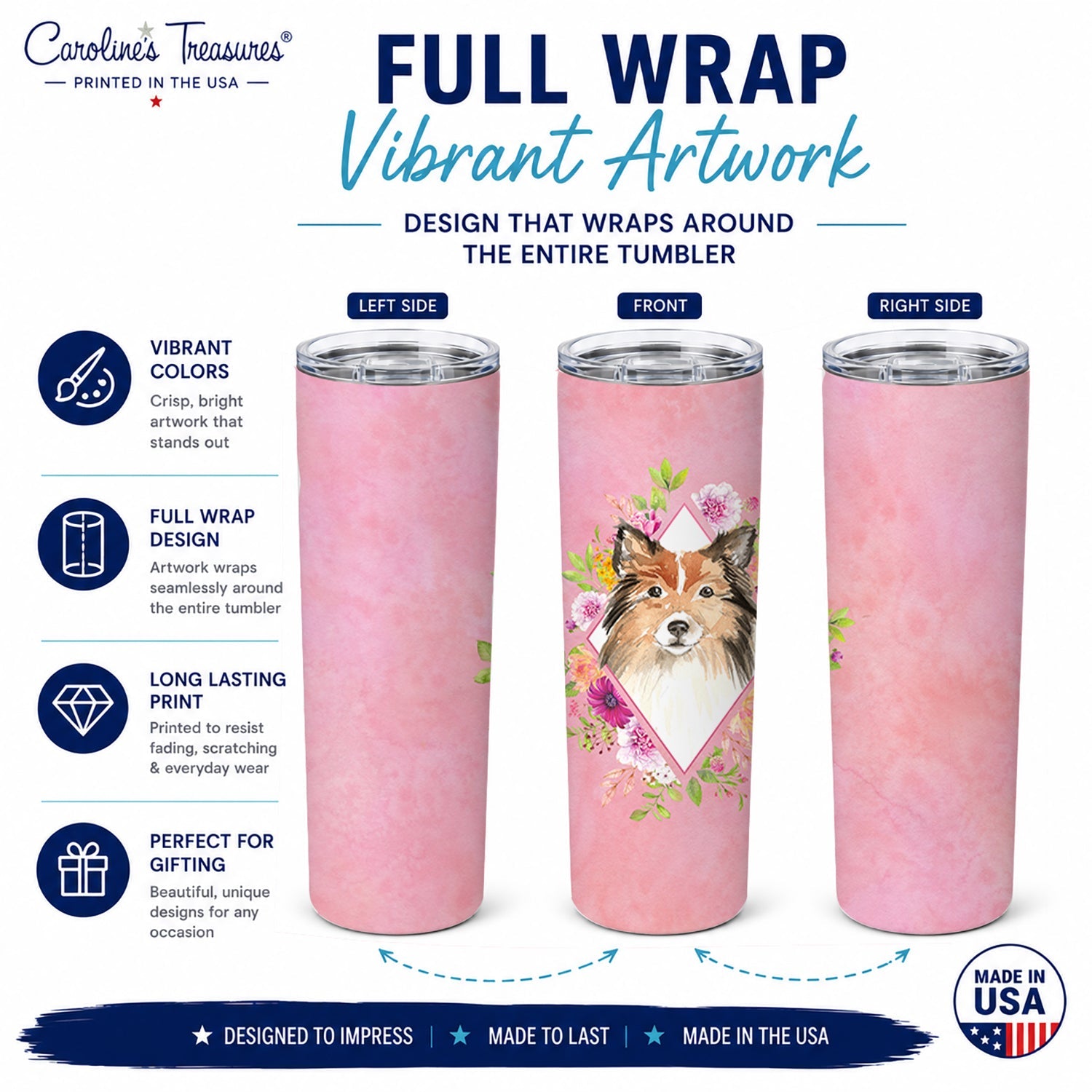 Sheltie Pink Flowers Stainless Steel Skinny Tumbler 20 oz Vacuum Double Walled Reusable Insulated Travel Cup