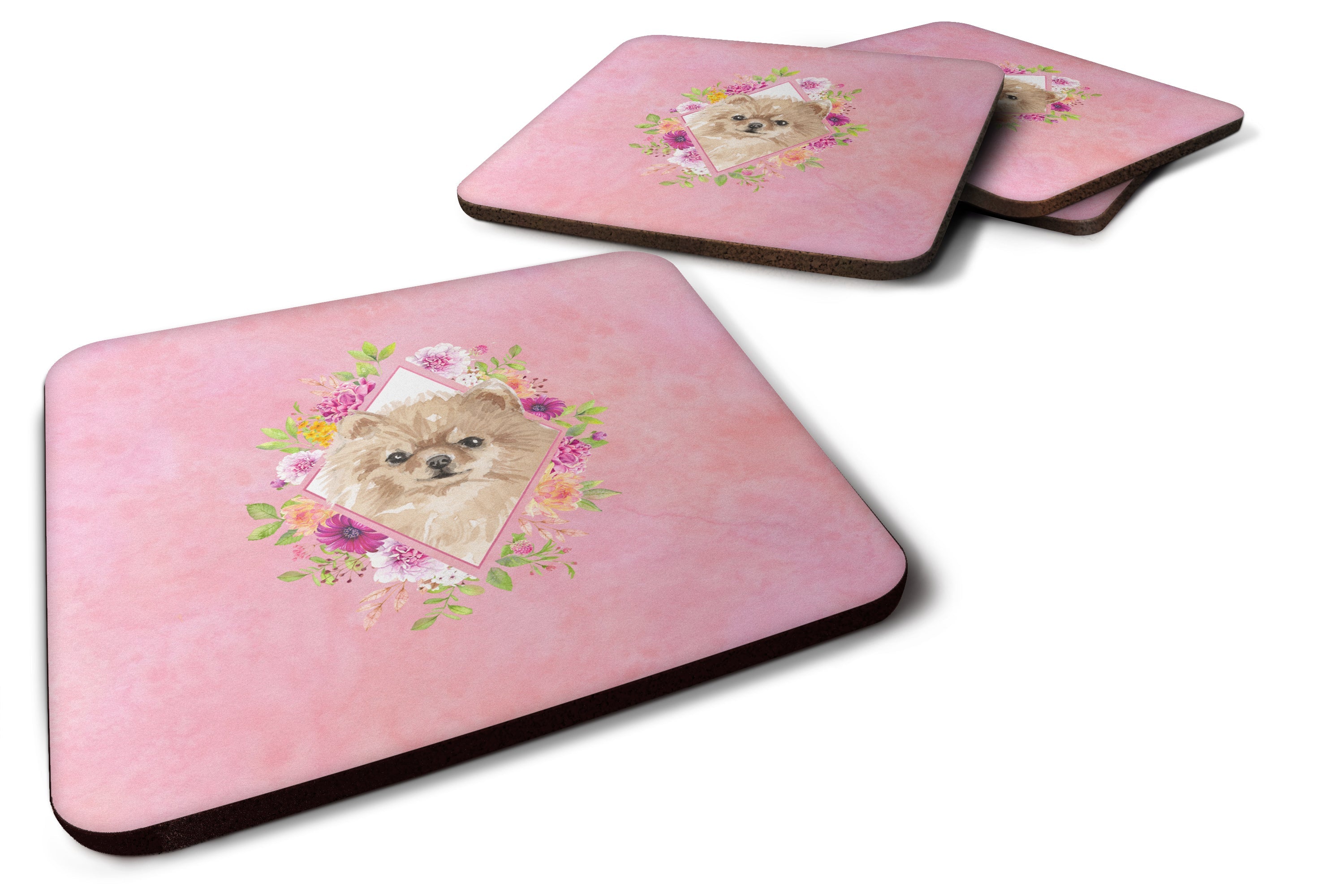 Pomeranian Pink Flowers Foam Coasters Set of 4 Cup Coasters for Indoor Outdoor, Tabletop Protection, Anti Slip, Mouse pad Material