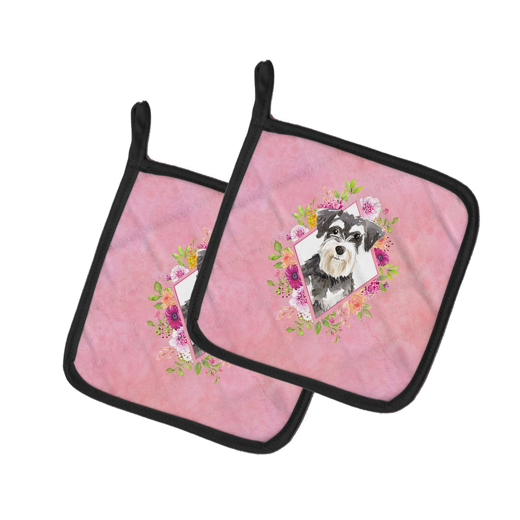Schnauzer #2 Pink Flowers Pot Holder Set of 2 Heat Resistant Quilted Hot Pads 7.5 x 7.5 Inch, Insulated Kitchen Trivets for Cooking & Baking