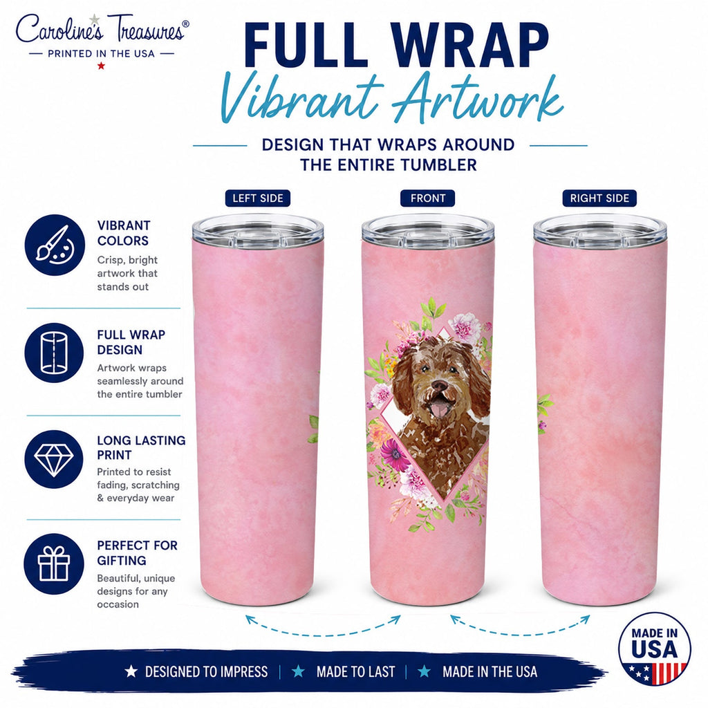 Labradoodle Pink Flowers Stainless Steel Skinny Tumbler 20 oz Vacuum Double Walled Reusable Insulated Travel Cup