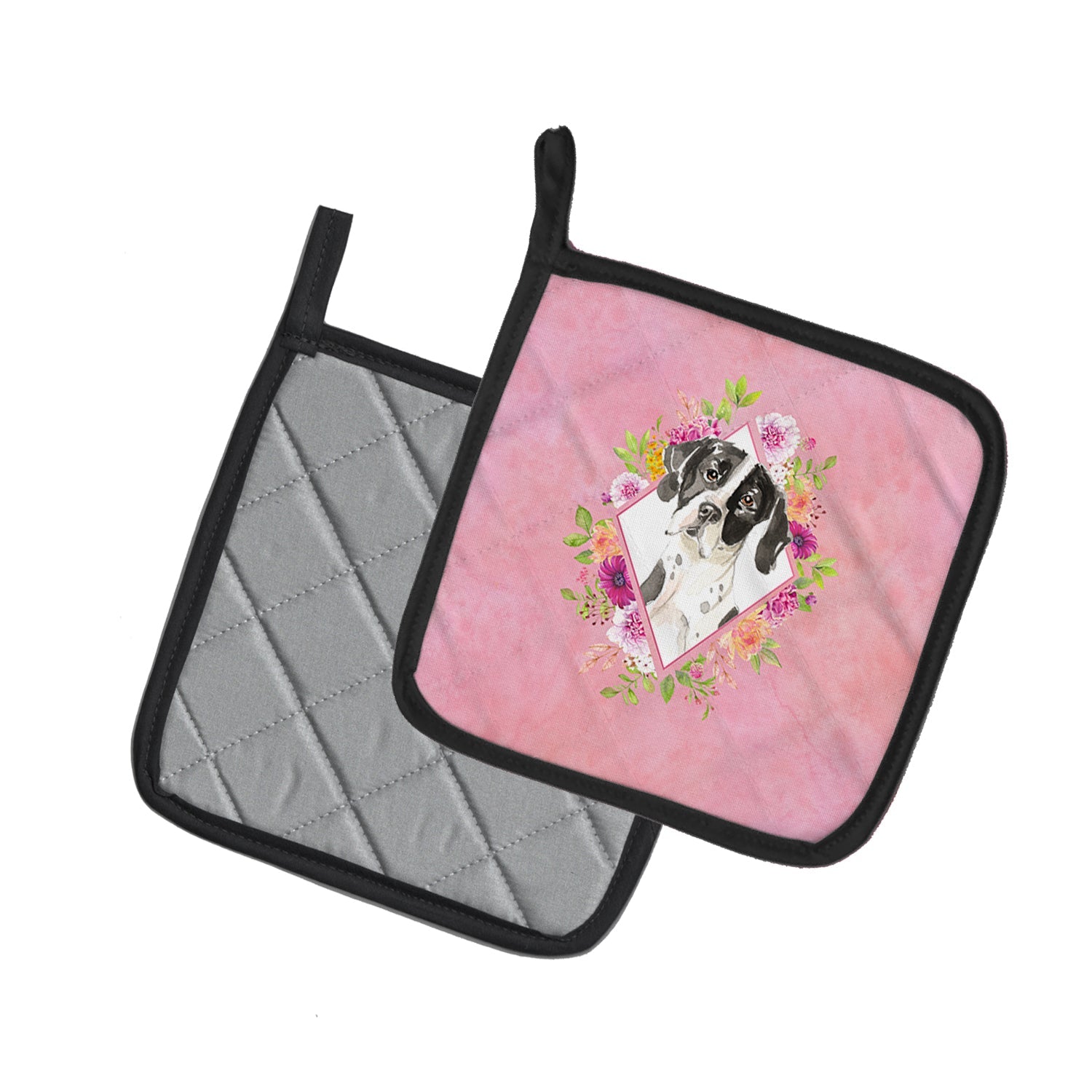 English Pointer Pink Flowers Pot Holder Set of 2 Heat Resistant Quilted Hot Pads 7.5 x 7.5 Inch, Insulated Kitchen Trivets for Cooking & Baking