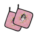 Black Parti Cocker Spaniel Pink Flowers Pot Holder Set of 2 Heat Resistant Quilted Hot Pads 7.5 x 7.5 Inch, Insulated Kitchen Trivets for Cooking & Baking