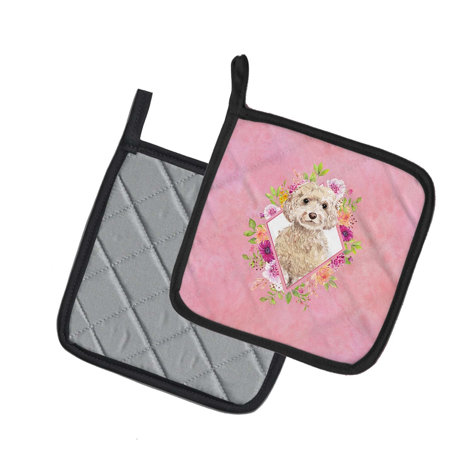 Champagne Cockapoo Pink Flowers Pot Holder Set of 2 Heat Resistant Quilted Hot Pads 7.5 x 7.5 Inch, Insulated Kitchen Trivets for Cooking & Baking
