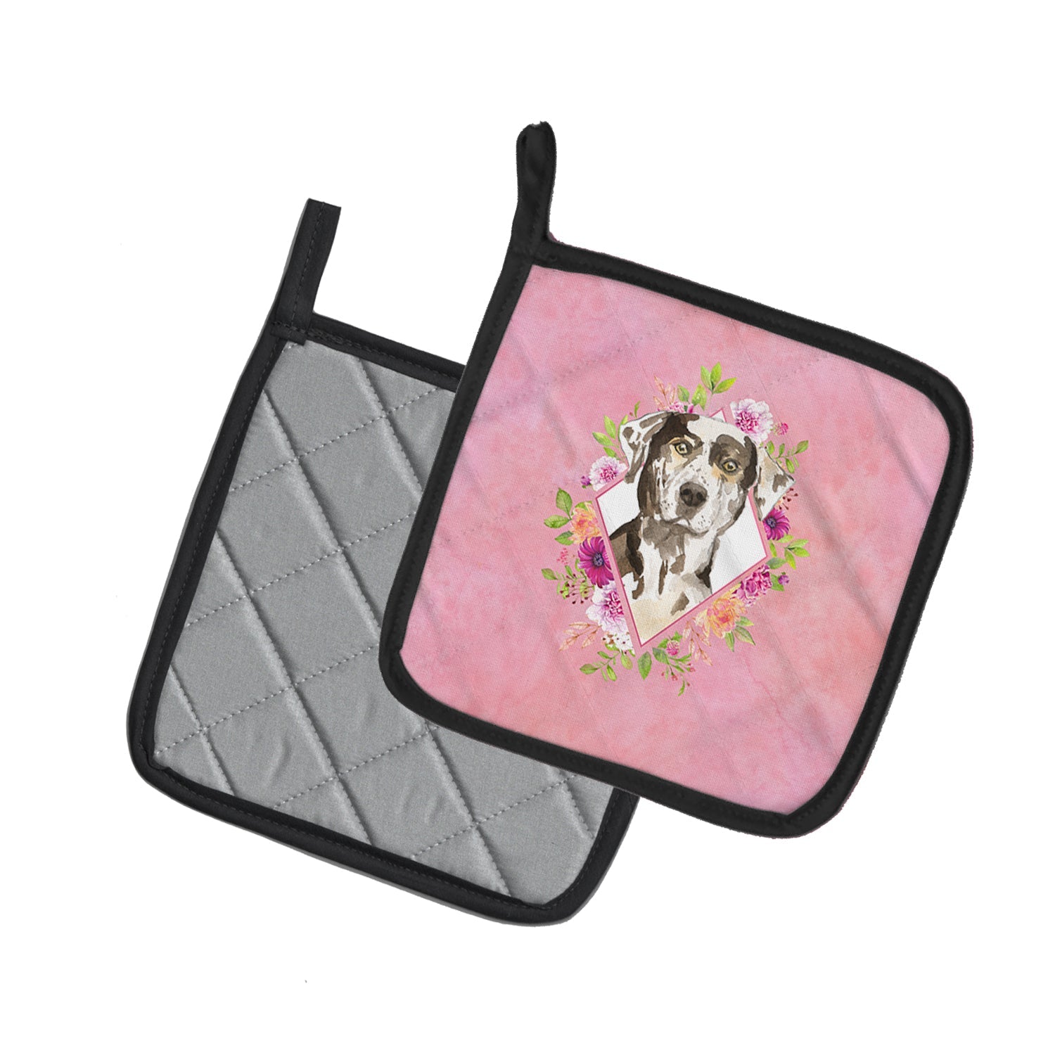 Catahoula Leopard Dog Pink Flowers Pot Holder Set of 2 Heat Resistant Quilted Hot Pads 7.5 x 7.5 Inch, Insulated Kitchen Trivets for Cooking & Baking