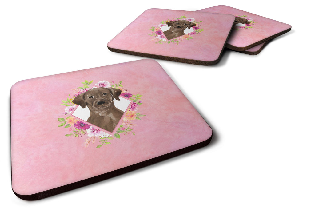 Chocolate Labrador Pink Flowers Foam Coasters Set of 4 Cup Coasters for Indoor Outdoor, Tabletop Protection, Anti Slip, Mouse pad Material