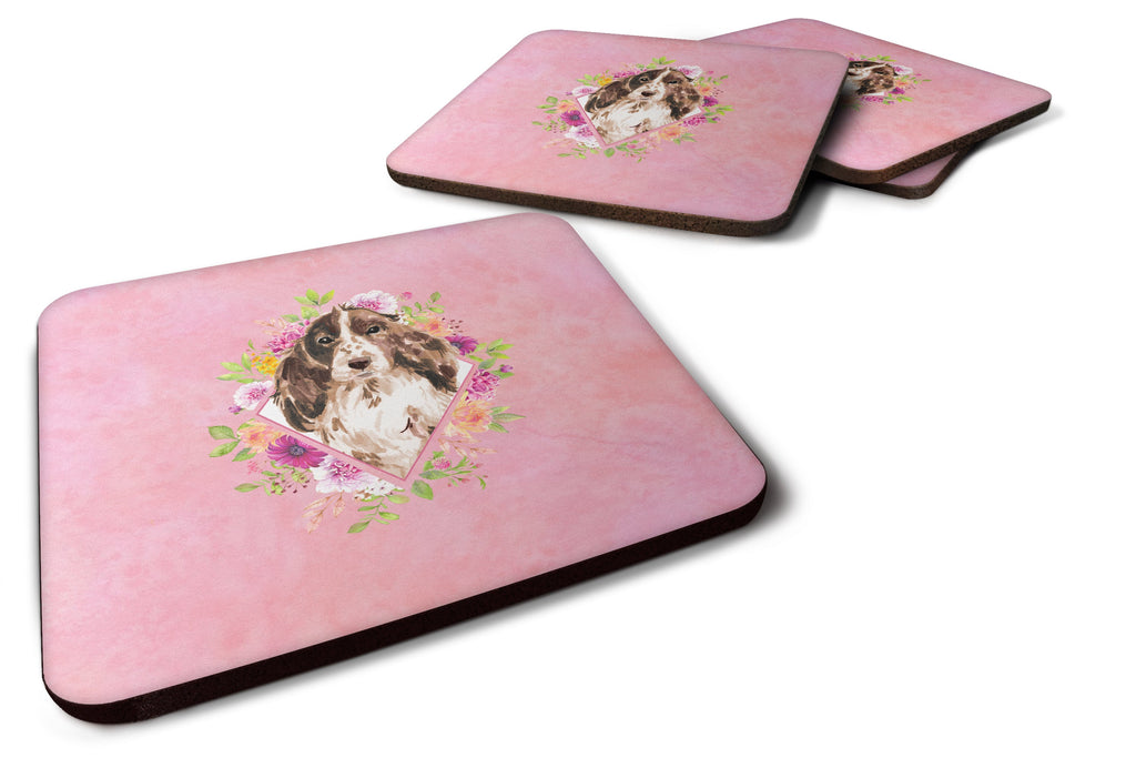 Brown Parti Cocker Spaniel Pink Flowers Foam Coasters Set of 4 Cup Coasters for Indoor Outdoor, Tabletop Protection, Anti Slip, Mouse pad Material