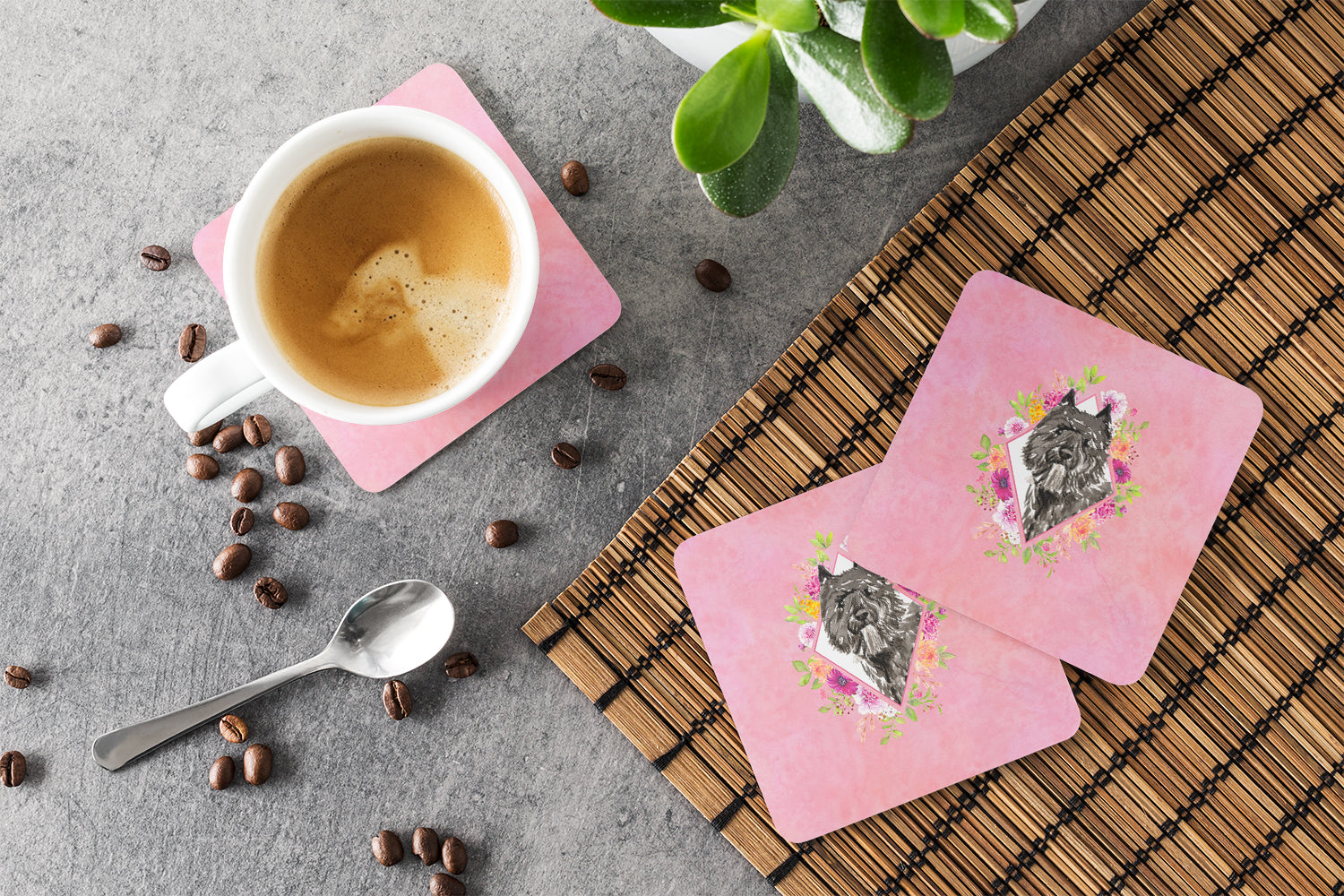 Bouvier des Flandres Pink Flowers Foam Coasters Set of 4 Cup Coasters for Indoor Outdoor, Tabletop Protection, Anti Slip, Mouse pad Material
