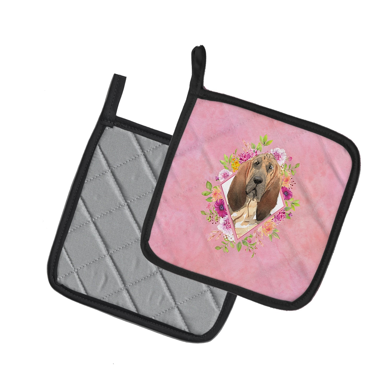Bloodhound Pink Flowers Pot Holder Set of 2 Heat Resistant Quilted Hot Pads 7.5 x 7.5 Inch, Insulated Kitchen Trivets for Cooking & Baking