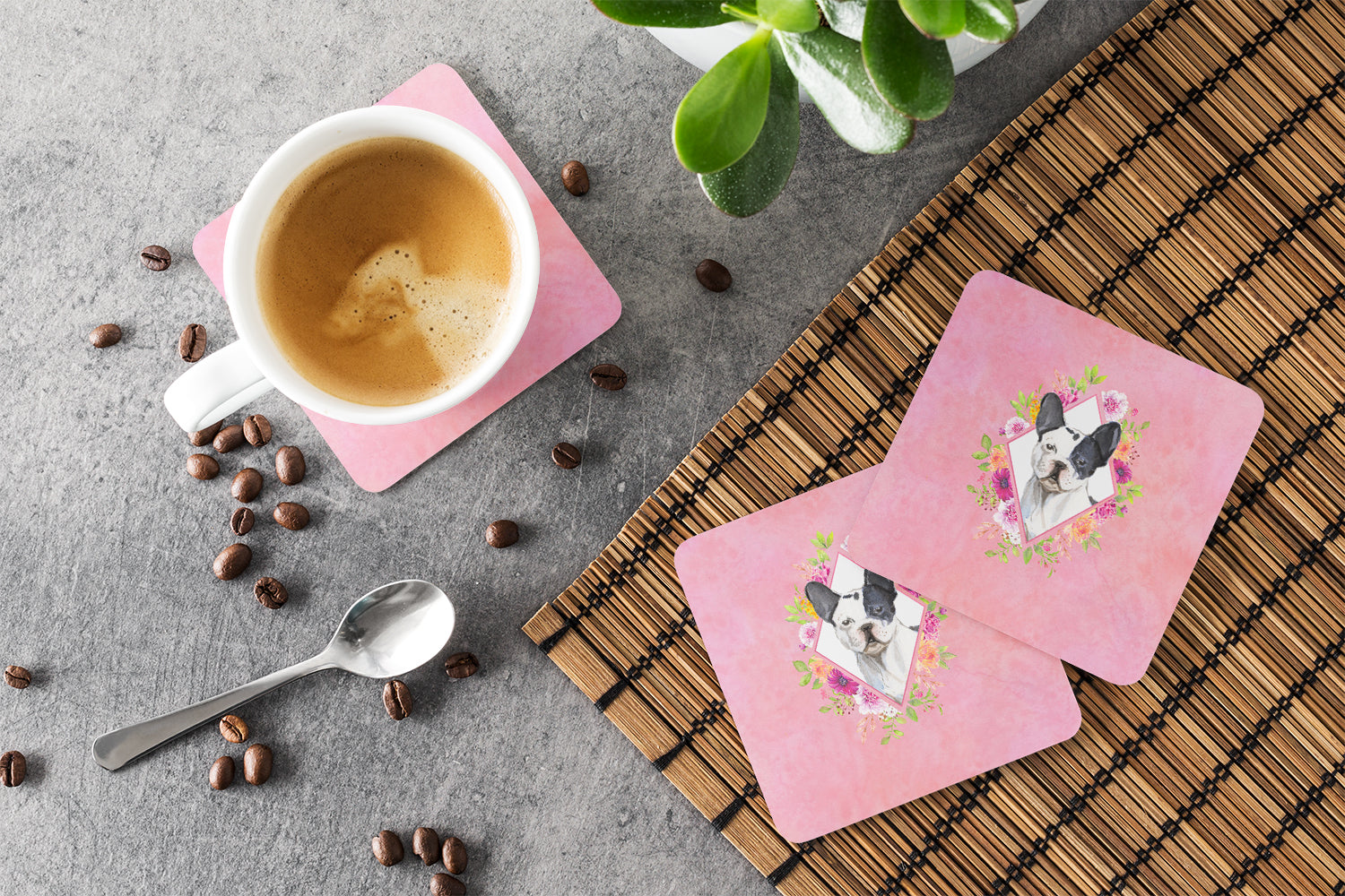 Black and White Frenchie Pink Flowers Foam Coasters Set of 4 Cup Coasters for Indoor Outdoor, Tabletop Protection, Anti Slip, Mouse pad Material