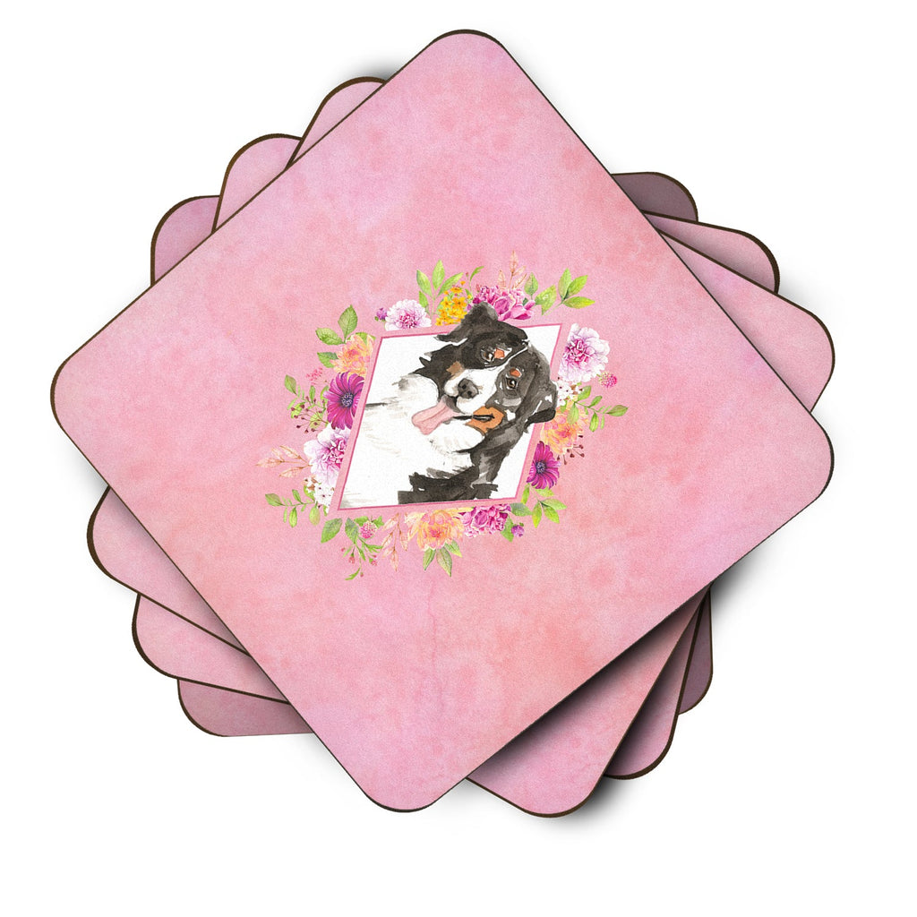Bernese Mountain Dog Pink Flowers Foam Coasters Set of 4 Cup Coasters for Indoor Outdoor, Tabletop Protection, Anti Slip, Mouse pad Material