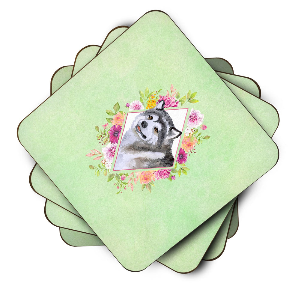 Alaskan Malamute Green Flowers Foam Coasters Set of 4 Cup Coasters for Indoor Outdoor, Tabletop Protection, Anti Slip, Mouse pad Material