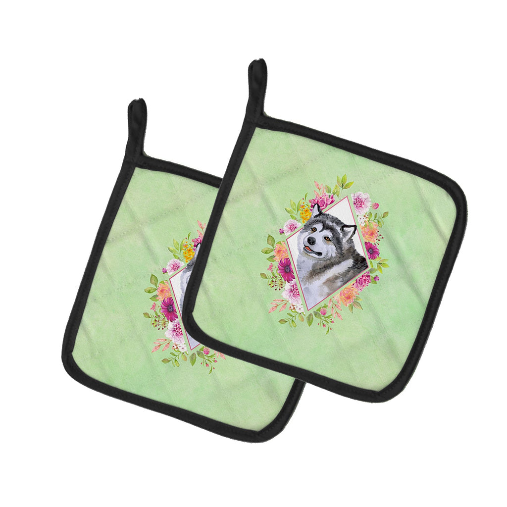 Alaskan Malamute Green Flowers Pot Holder Set of 2 Heat Resistant Quilted Hot Pads 7.5 x 7.5 Inch, Insulated Kitchen Trivets for Cooking & Baking