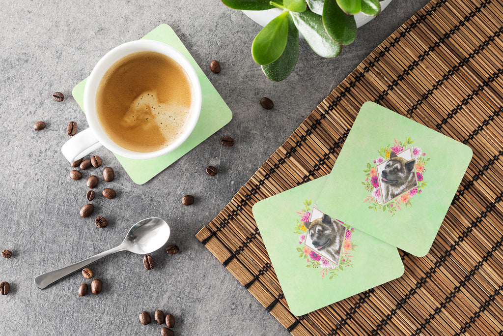 Akita Green Flowers Foam Coasters Set of 4 Cup Coasters for Indoor Outdoor, Tabletop Protection, Anti Slip, Mouse pad Material
