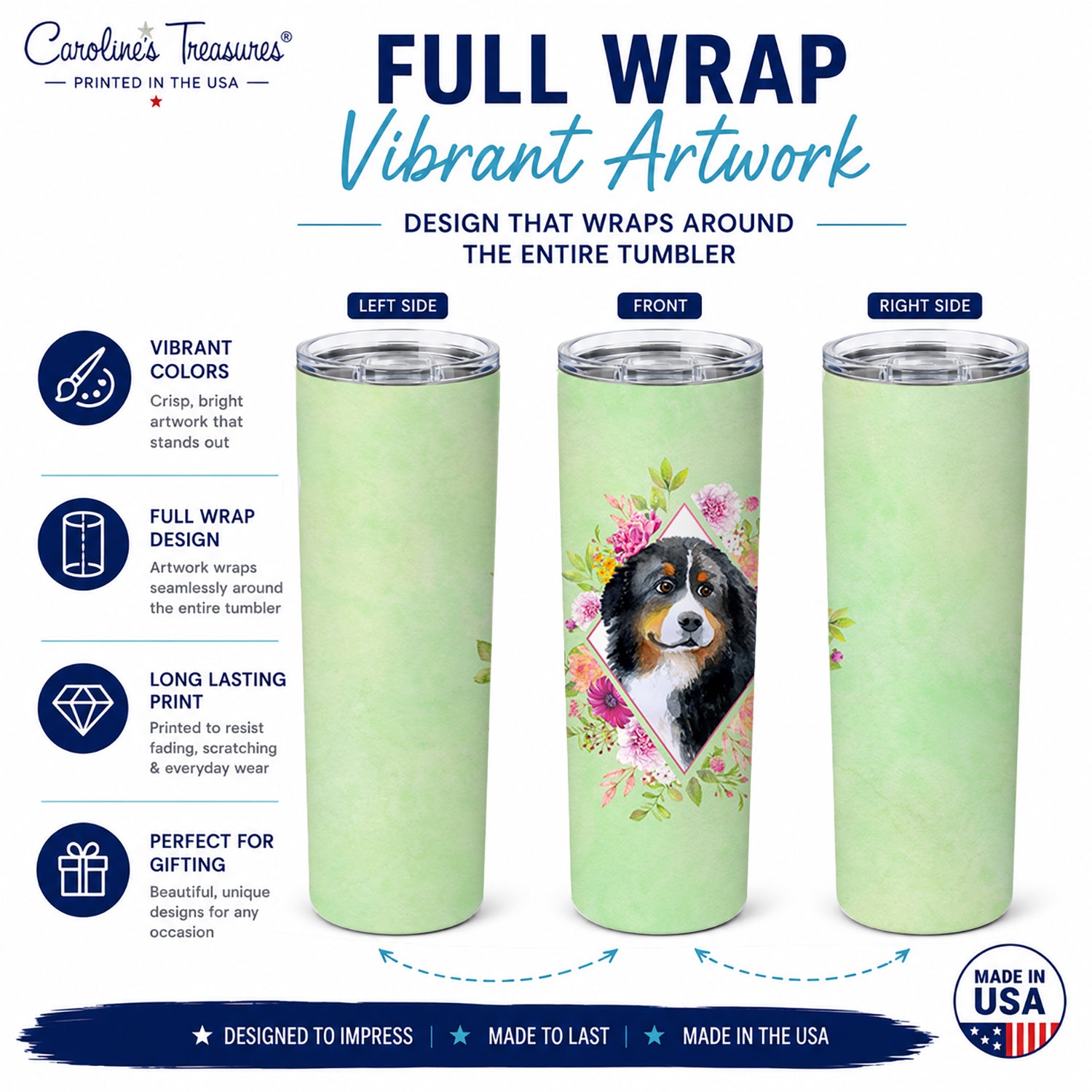 Bernese Mountain Dog Green Flowers Stainless Steel Skinny Tumbler 20 oz Vacuum Double Walled Reusable Insulated Travel Cup