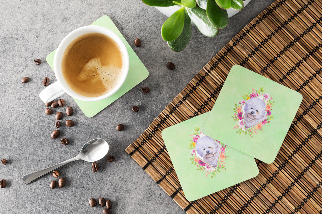 Bichon Frisé #2 Green Flowers Foam Coasters Set of 4 Cup Coasters for Indoor Outdoor, Tabletop Protection, Anti Slip, Mouse pad Material