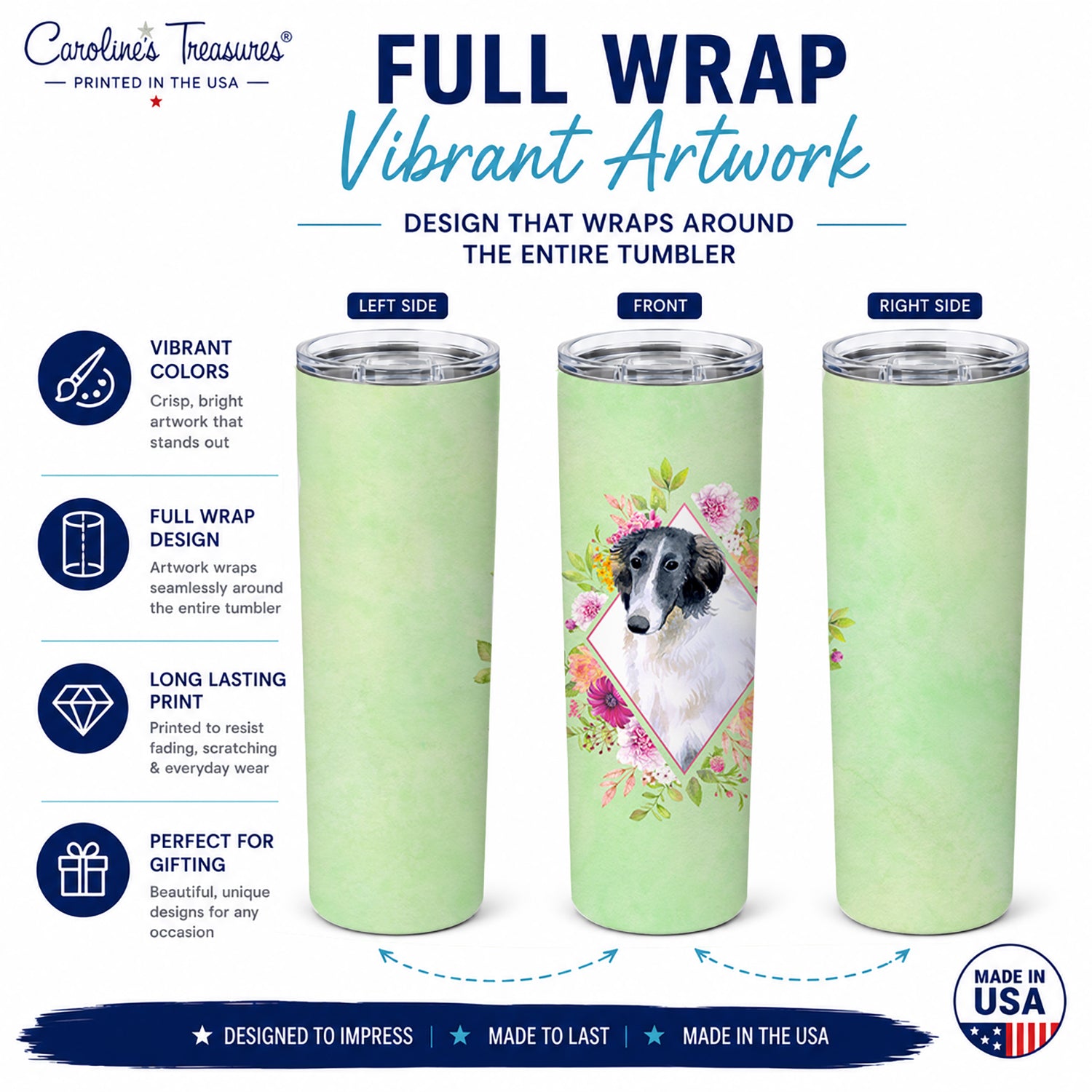 Borzoi Green Flowers Stainless Steel Skinny Tumbler 20 oz Vacuum Double Walled Reusable Insulated Travel Cup