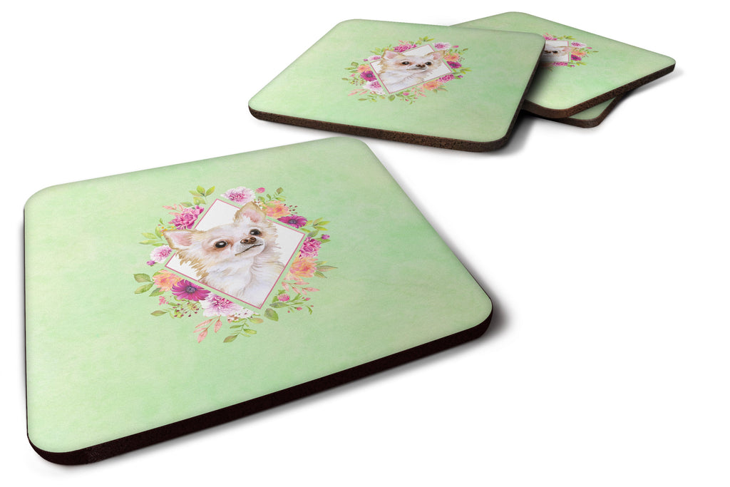 Long Hair Chihuahua Green Flowers Foam Coasters Set of 4 Cup Coasters for Indoor Outdoor, Tabletop Protection, Anti Slip, Mouse pad Material