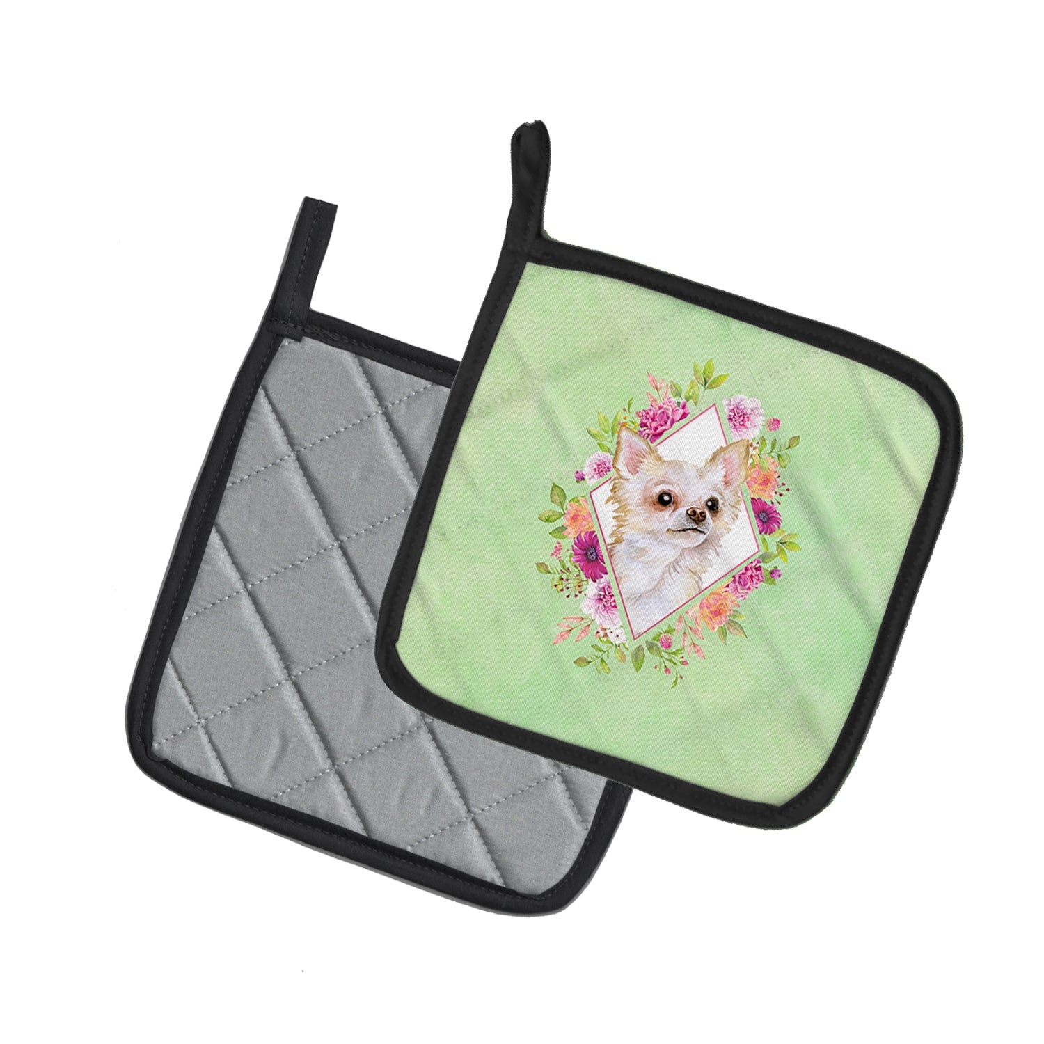 Long Hair Chihuahua Green Flowers Pot Holder Set of 2 Heat Resistant Quilted Hot Pads 7.5 x 7.5 Inch, Insulated Kitchen Trivets for Cooking & Baking