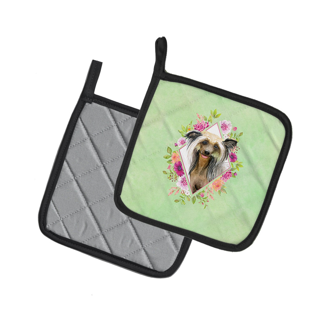 Chinese Crested Green Flowers Pot Holder Set of 2 Heat Resistant Quilted Hot Pads 7.5 x 7.5 Inch, Insulated Kitchen Trivets for Cooking & Baking