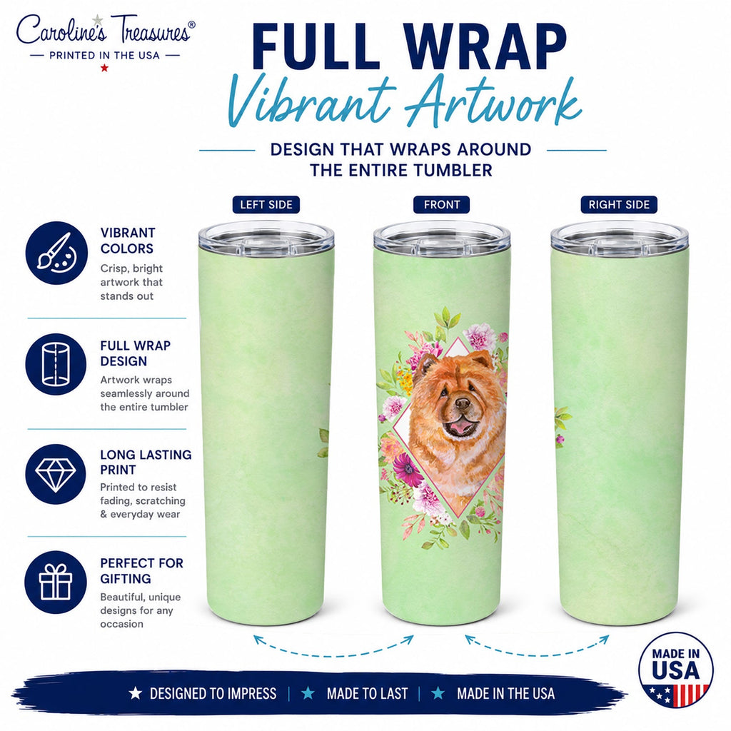 Chow Chow #1 Green Flowers Stainless Steel Skinny Tumbler 20 oz Vacuum Double Walled Reusable Insulated Travel Cup