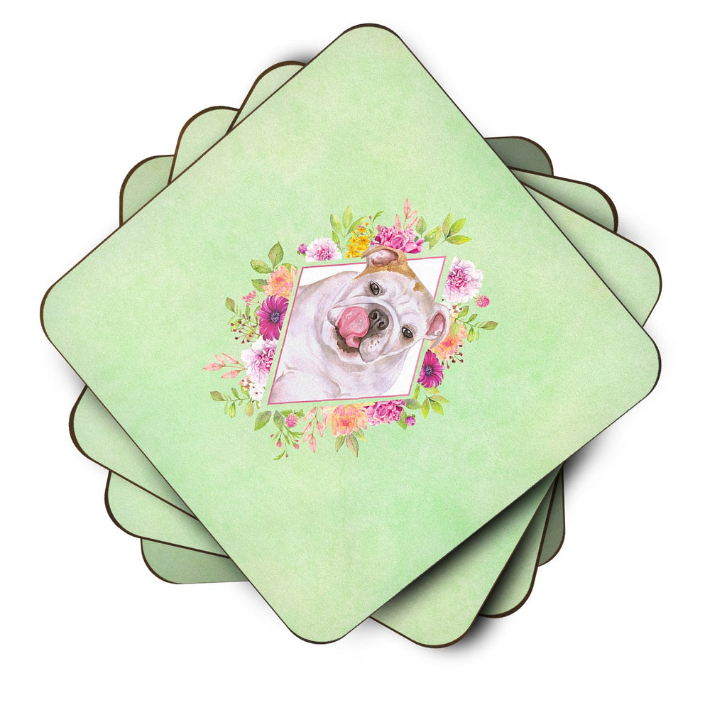 English Bulldog Green Flowers Foam Coasters Set of 4 Cup Coasters for Indoor Outdoor, Tabletop Protection, Anti Slip, Mouse pad Material